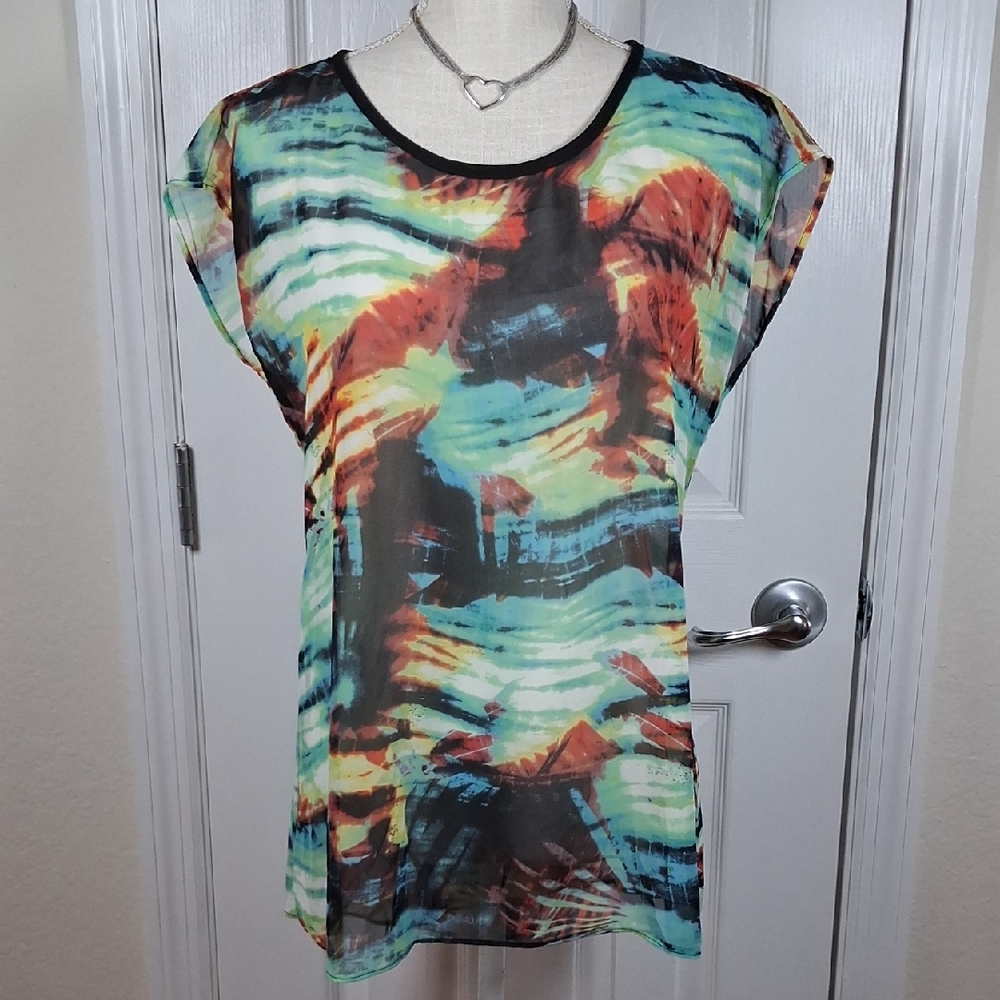 Chenault Sheer Abstract Print Blouse w/Draping/Button Detail On Back Size Small